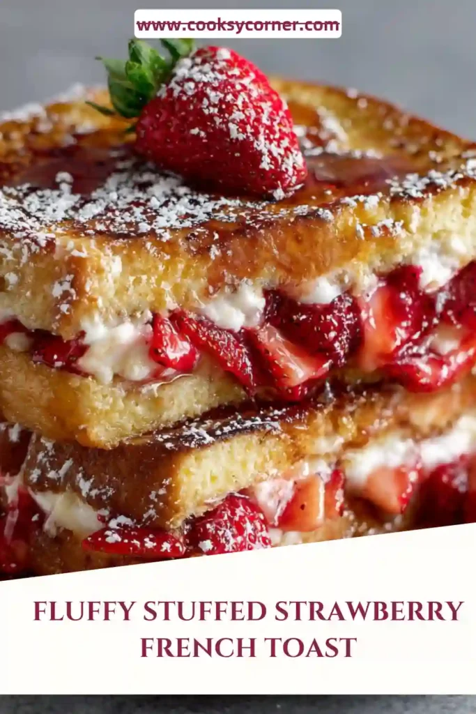Close-up of stuffed strawberry French toast made with brioche bread, cream cheese filling, and fresh strawberries. This cozy breakfast recipe is topped with maple syrup and powdered sugar.