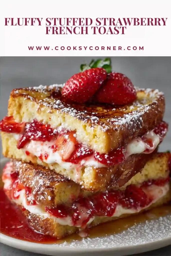 Homemade Fluffy Stuffed Strawberry French Toast cooked until golden brown and served with whipped cream and strawberries. The thick bread slices are filled with creamy sweet cheese.
