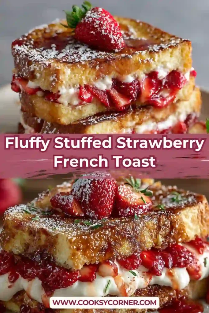 Golden Fluffy Stuffed Strawberry French Toast served with powdered sugar and fresh sliced strawberries on a breakfast plate. The creamy ricotta filling creates a rich and fluffy texture.