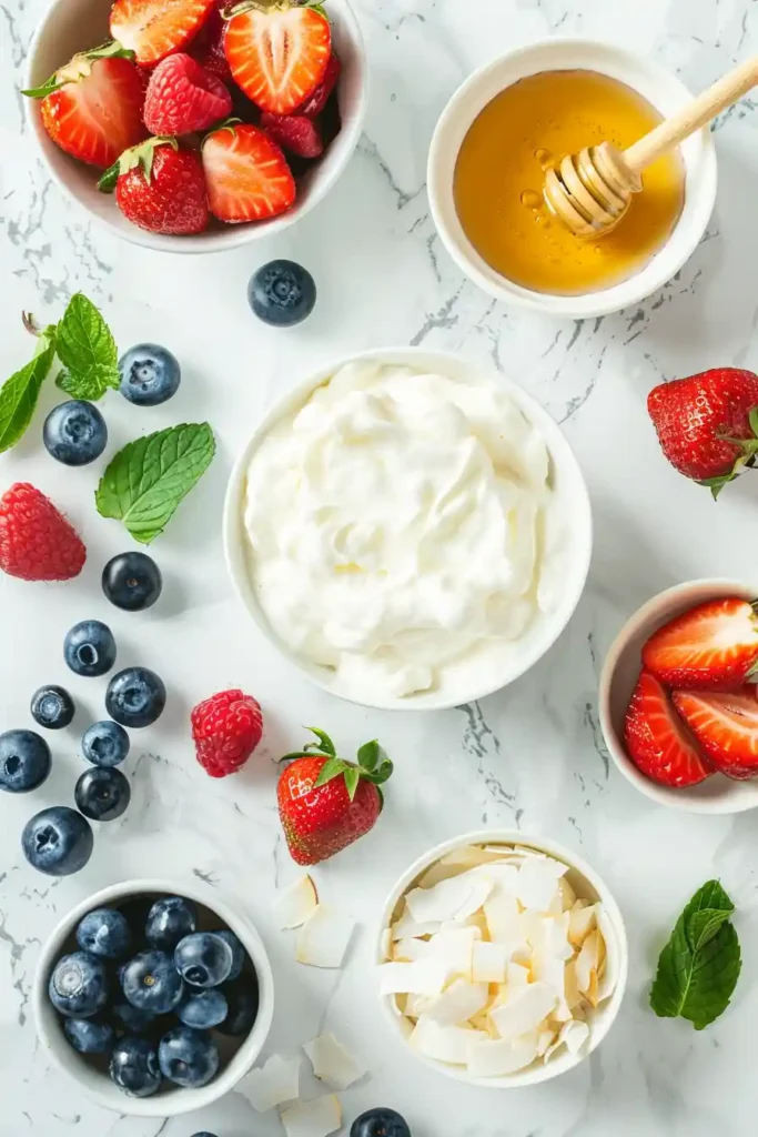 Homemade berry yogurt bark on parchment paper, featuring creamy yogurt base and vibrant fruit toppings.