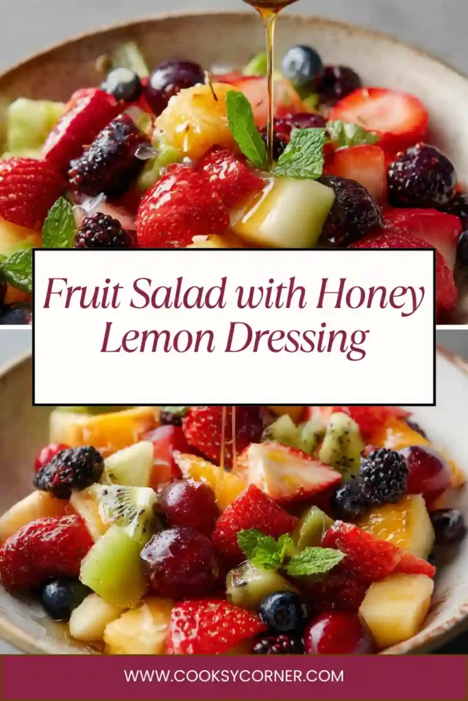 A colorful Summer Fruit Salad with Honey Lemon Dressing made with strawberries, blueberries, mango, kiwi, pineapple, and grapes in a large serving bowl. This healthy fruit salad looks fresh, juicy, and perfect for summer gatherings.