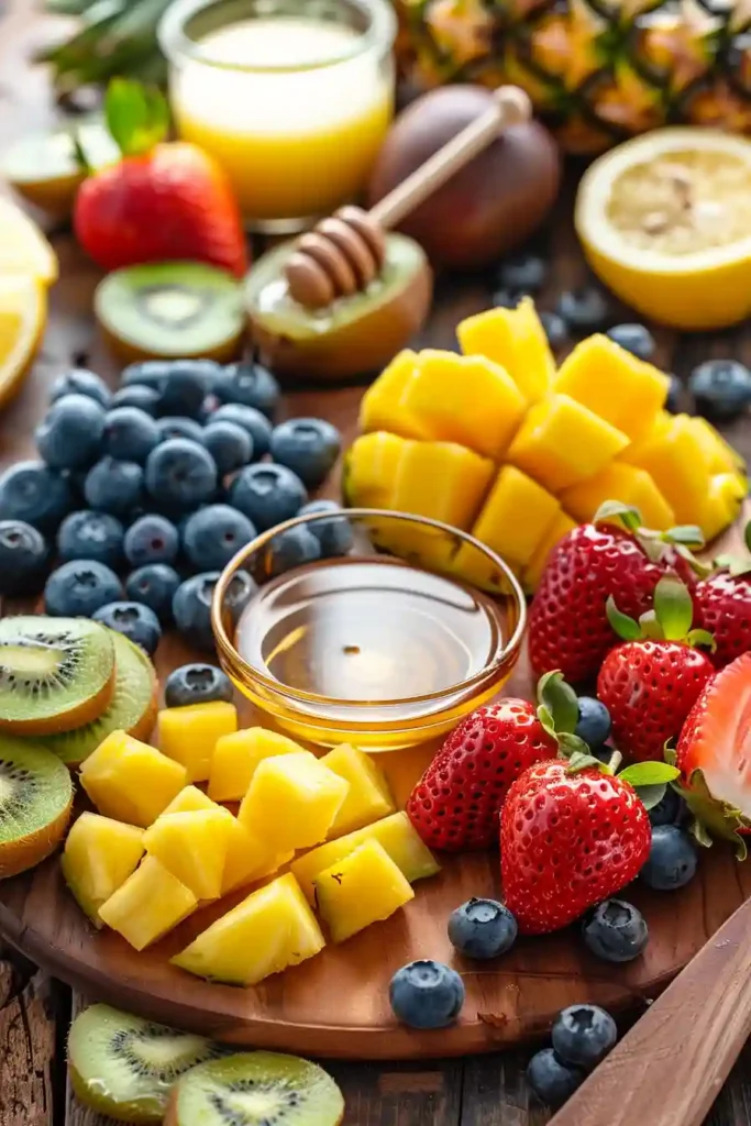A bowl of fresh summer fruit salad filled with juicy strawberries, kiwi, mango, grapes, and blueberries coated in sweet honey lemon dressing. A colorful healthy summer side dish.