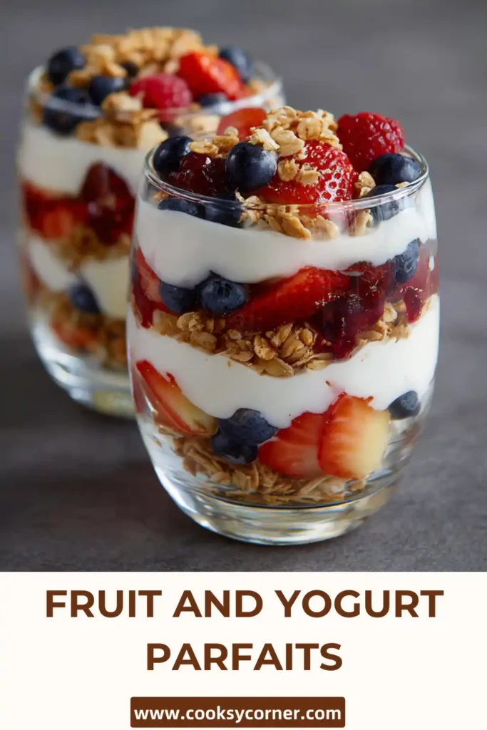 Healthy Greek yogurt parfait layered with strawberries, blueberries, and crunchy granola in a clear dessert glass. This easy breakfast recipe is creamy, refreshing, and naturally sweet.