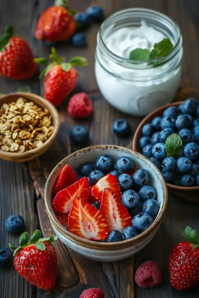 Colorful Fruit and Yogurt Parfaits topped with fresh blueberries and granola for a wholesome breakfast or snack. The creamy yogurt and juicy berries create a fresh and delicious combination.