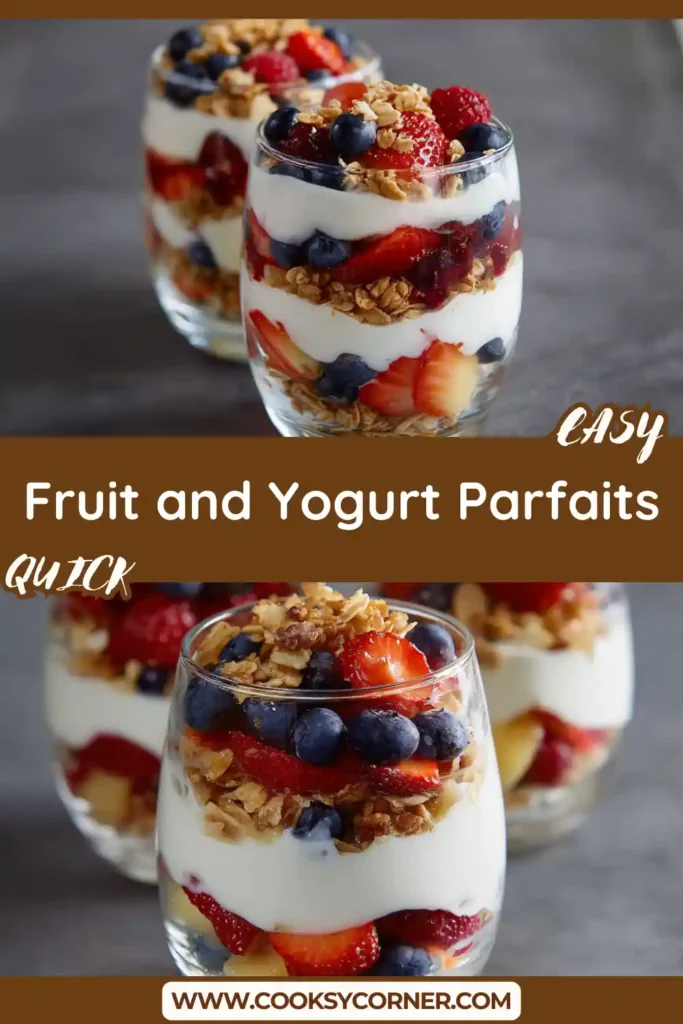 Fresh Fruit and Yogurt Parfaits served in clear glasses with layers of berry compote, thick yogurt, and golden granola. A quick and healthy breakfast recipe perfect for busy mornings.