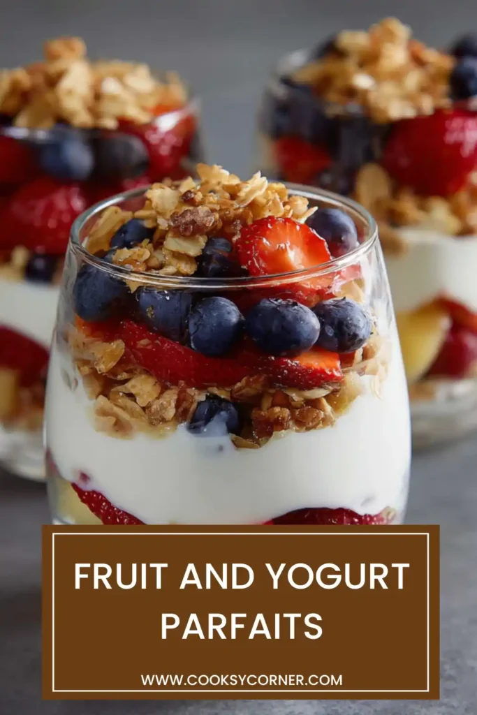 A glass of Fruit and Yogurt Parfaits layered with creamy Greek yogurt, fresh strawberries, blueberries, and crunchy granola. This healthy breakfast parfait looks fresh, colorful, and satisfying.