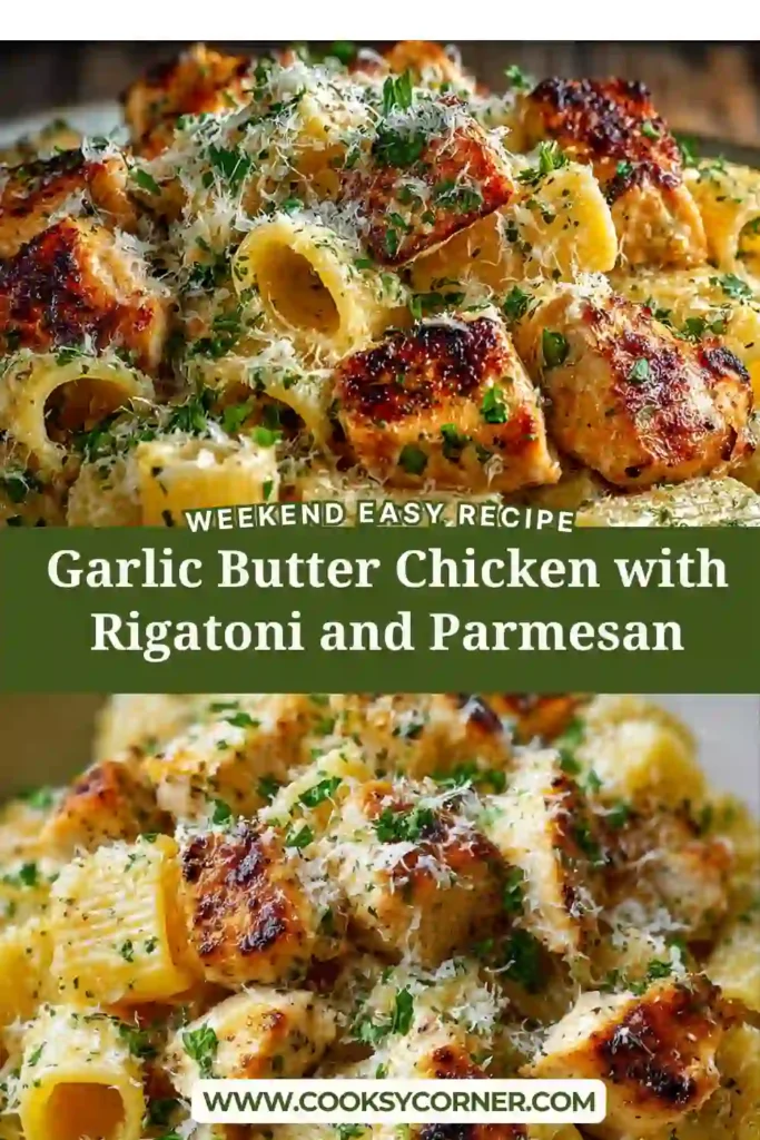 A bowl of Garlic Butter Chicken with Rigatoni and Parmesan topped with fresh parsley and creamy garlic sauce. The tender chicken and rigatoni pasta are coated in rich Parmesan cream sauce.