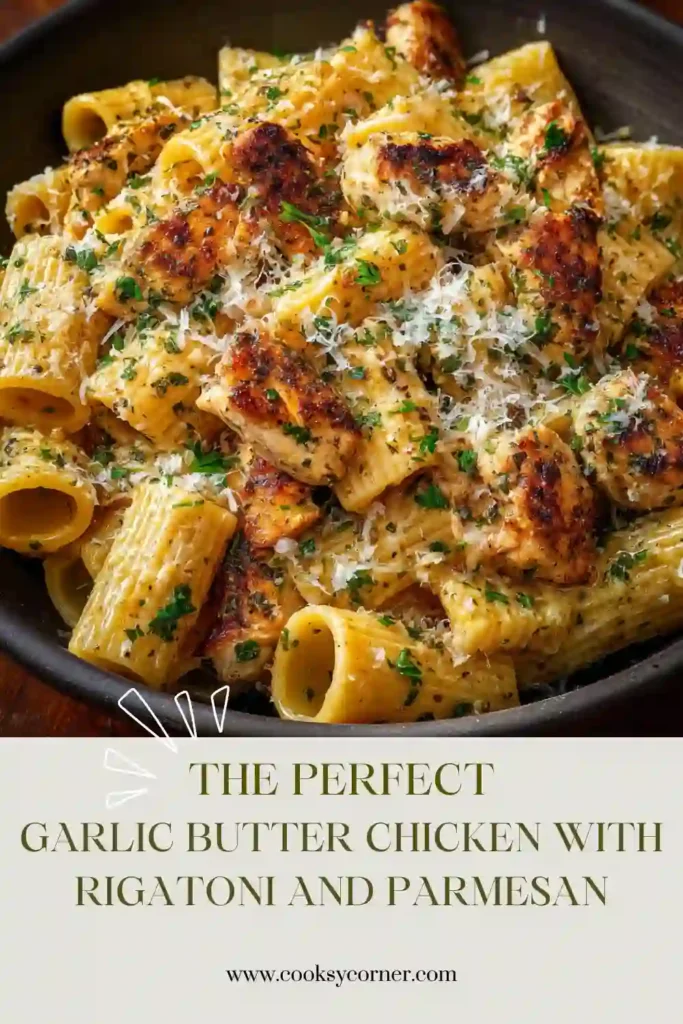 Creamy Garlic Butter Chicken with Rigatoni and Parmesan served in a white pasta bowl with fresh parsley garnish. This comforting chicken pasta recipe features rich Parmesan sauce and golden chicken pieces.