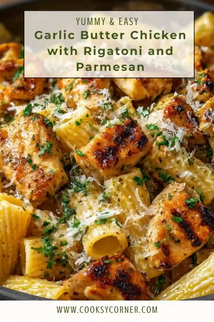 Close-up of Garlic Butter Chicken with Rigatoni and Parmesan featuring creamy garlic sauce, juicy chicken, and freshly grated Parmesan cheese. Perfect for an easy Italian-inspired dinner.