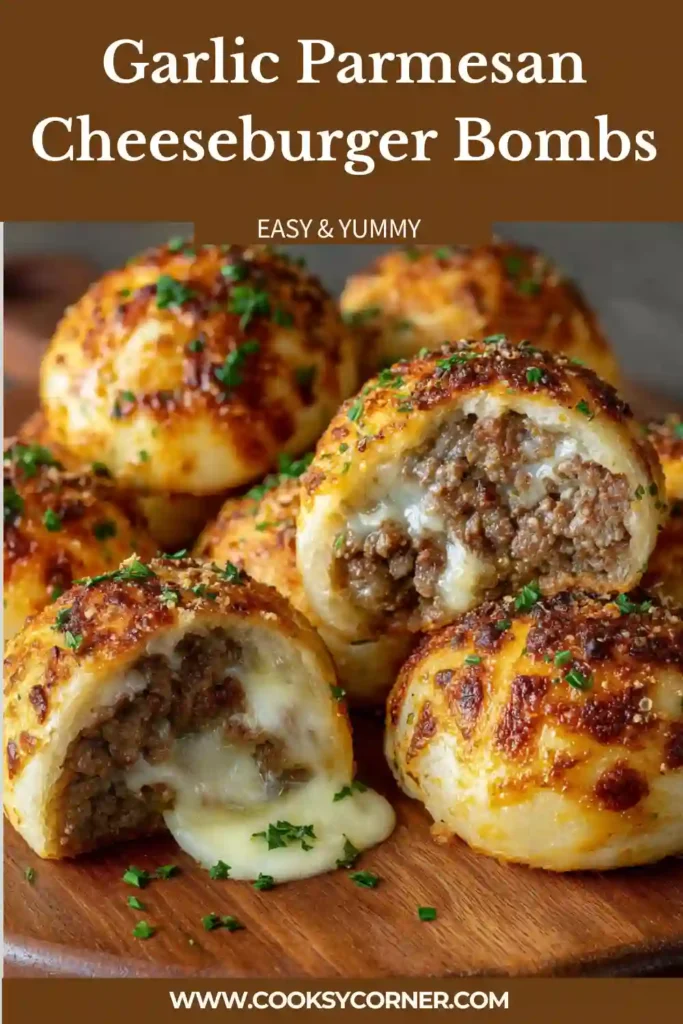 Golden Garlic Parmesan Cheeseburger Bombs baked until crispy and filled with juicy seasoned beef and melted Parmesan cheese. Fresh garlic and buttery biscuit dough create a rich savory flavor.