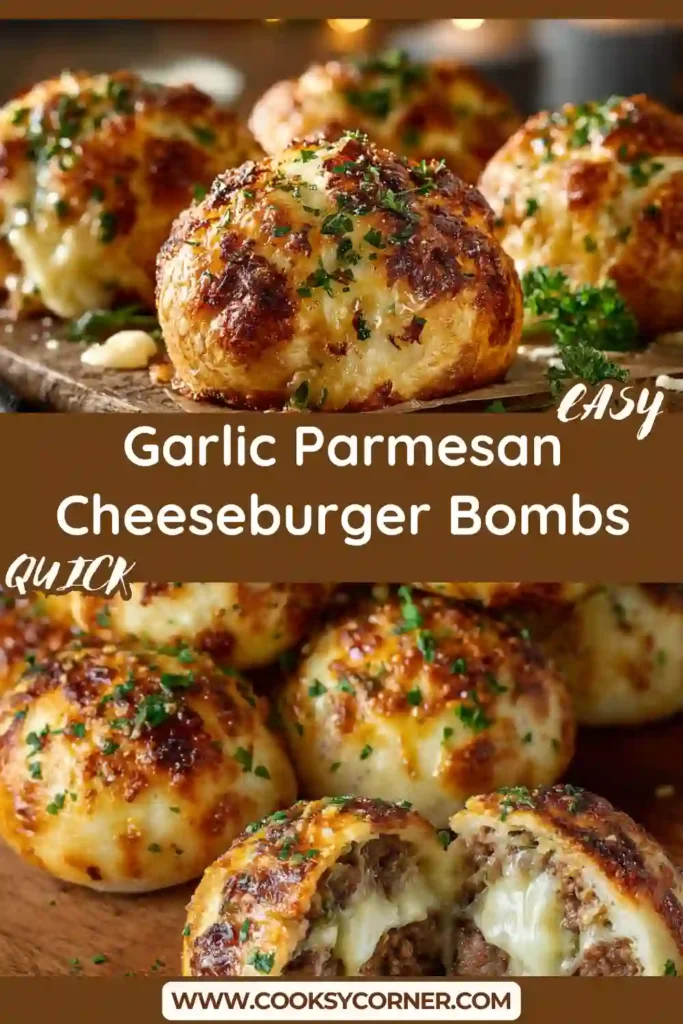 Freshly baked cheeseburger bombs with flaky biscuit crust and cheesy garlic beef filling served warm on a baking tray. Perfect comfort food appetizer for parties or dinner.