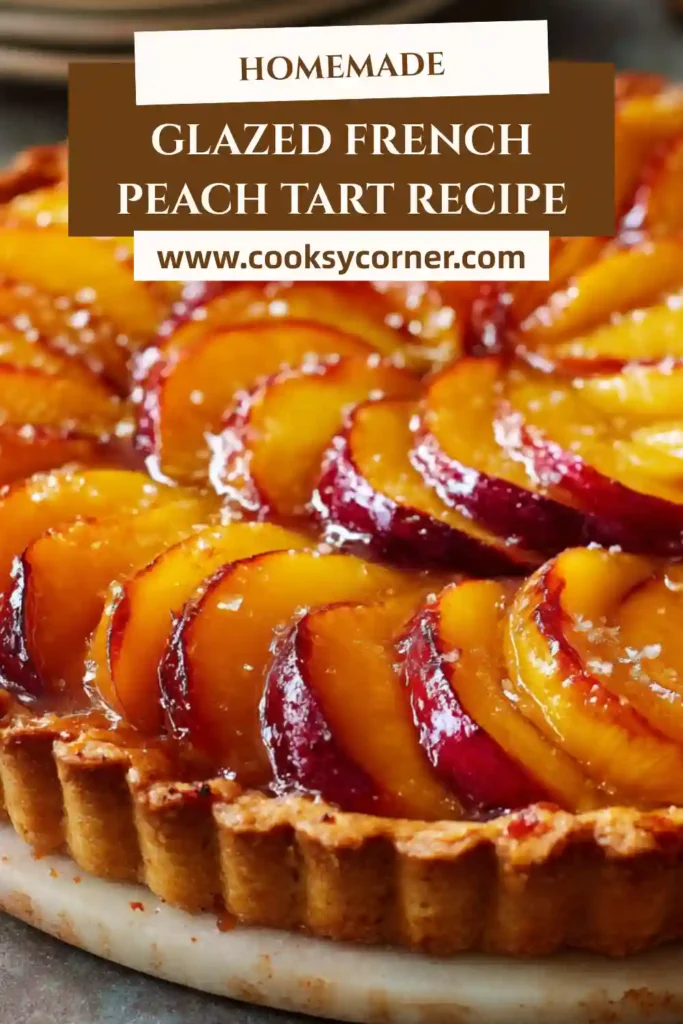 Close-up of a slice of Glazed French Peach Tart showing layers of pastry cream, peaches, and flaky crust.