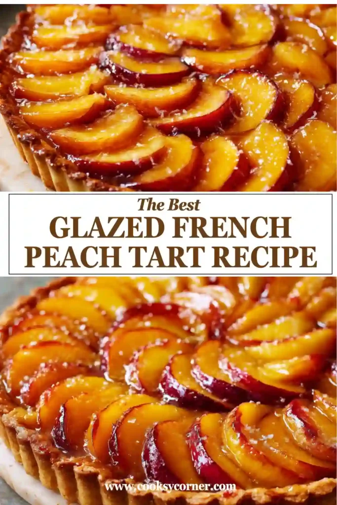 French peach tart featuring poached peaches, vanilla custard filling, and a crisp homemade pastry crust.