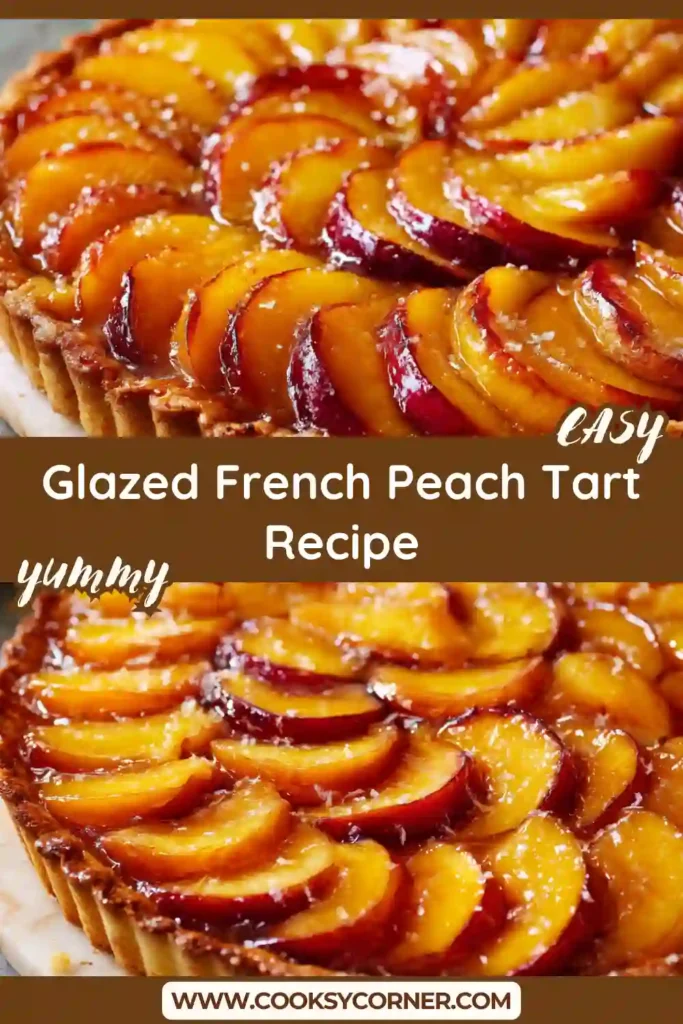 A Glazed French Peach Tart topped with neatly arranged peach slices over creamy vanilla pastry cream inside a golden buttery tart shell.