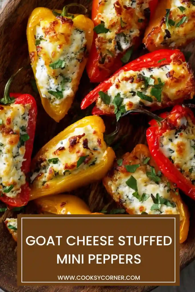 Close-up of baked mini peppers stuffed with soft goat cheese and garnished with balsamic reduction. These stuffed mini peppers are ideal for parties and holidays.