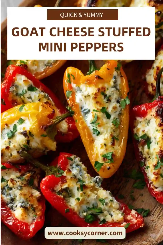 Colorful Goat Cheese Stuffed Mini Peppers arranged on a serving platter with balsamic reduction drizzled over the top. These roasted mini peppers make an easy vegetarian appetizer.