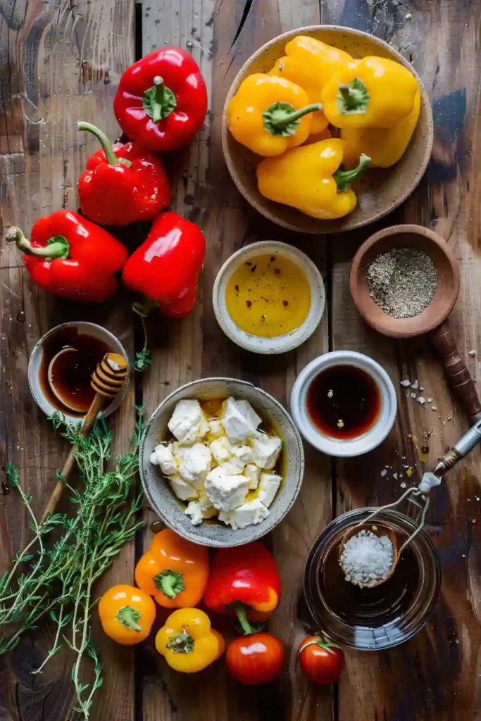 Roasted mini sweet peppers filled with creamy goat cheese on a white platter. This easy goat cheese appetizer is colorful, fresh, and flavorful.
