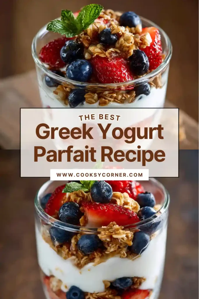 A Greek Yogurt Parfait layered with creamy yogurt, fresh mixed berries, crunchy granola, and a drizzle of honey in a clear glass jar. The colorful layers create an attractive and healthy breakfast presentation.