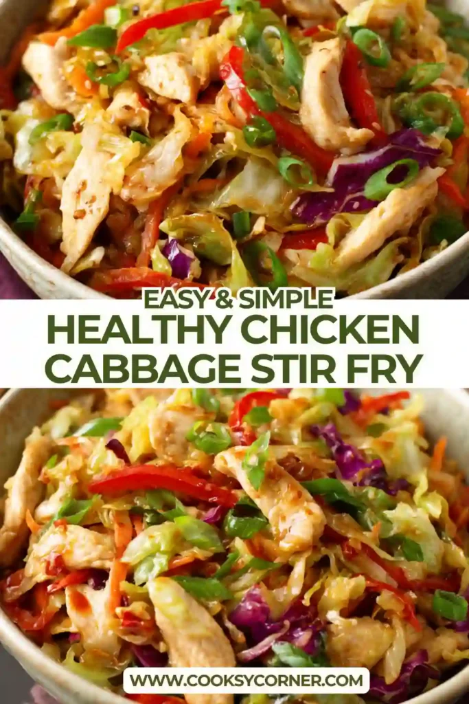Close-up of cabbage stir fry recipe with chicken, bell peppers, and scallions.