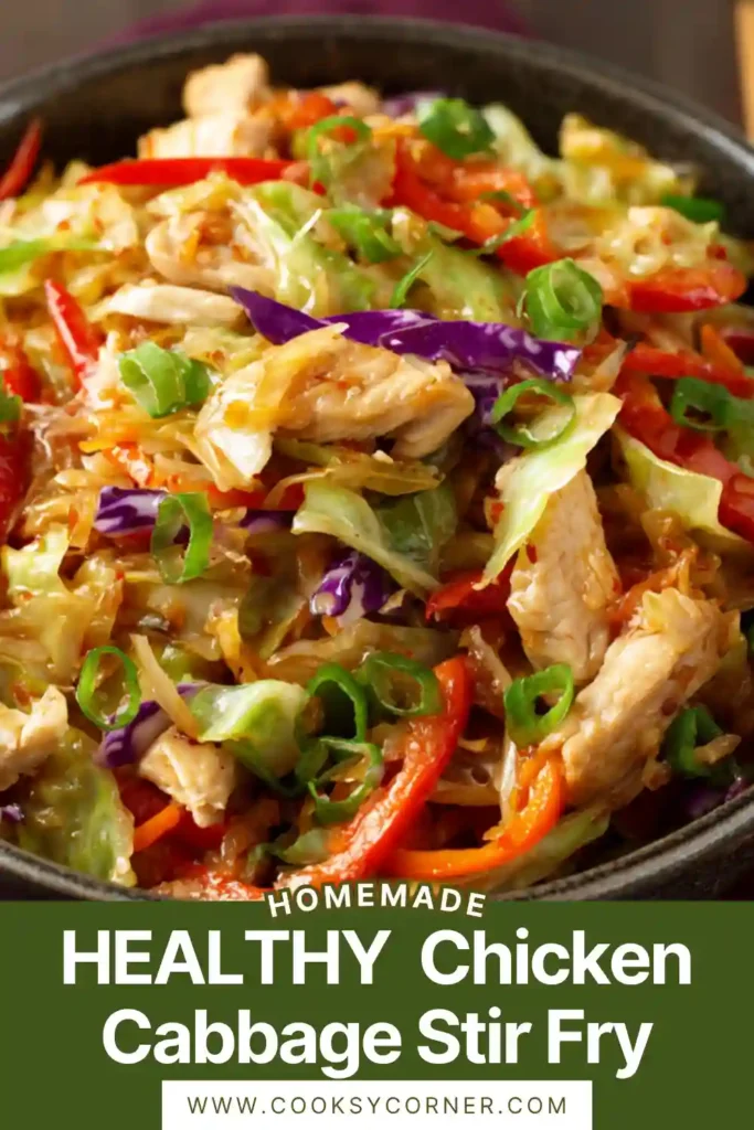 Healthy chicken cabbage stir fry served hot with colorful vegetables and light sauce.