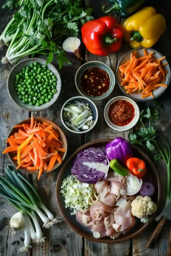 Freshly cooked chicken cabbage stir fry in a pan with vibrant vegetables and garnish.