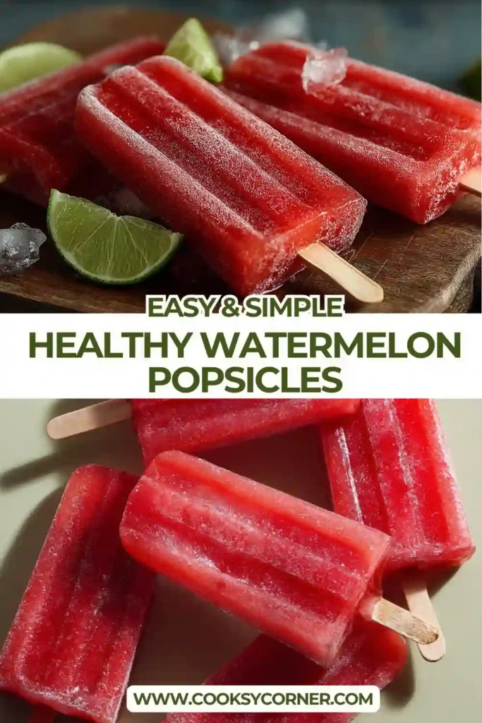 Close-up of bright pink Watermelon Popsicles served cold on a summer day. The frozen watermelon treats look juicy, refreshing, and perfect for warm weather.