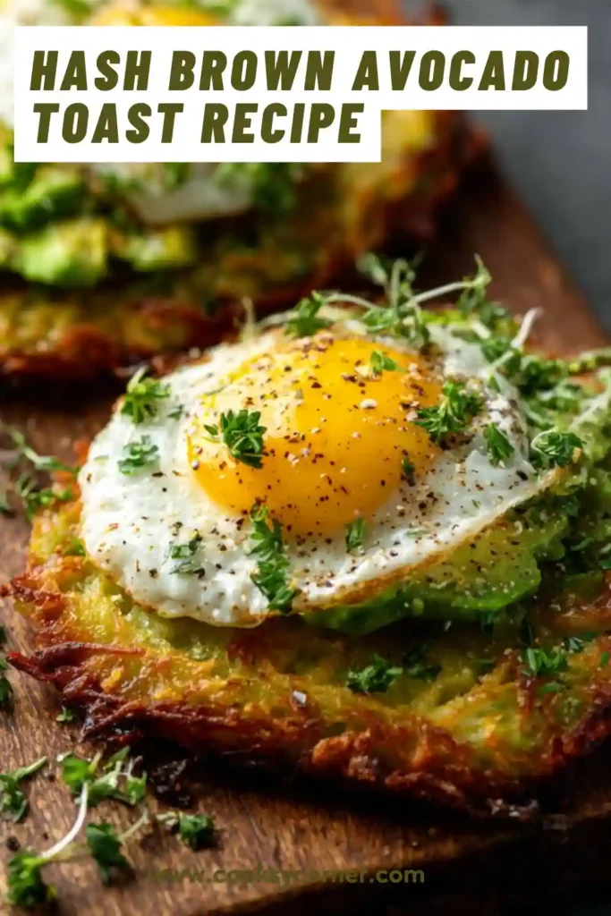 Crispy Hash Brown Avocado Toast topped with creamy mashed avocado and fresh herbs on a serving plate. This easy breakfast recipe has golden potatoes and vibrant avocado flavor.