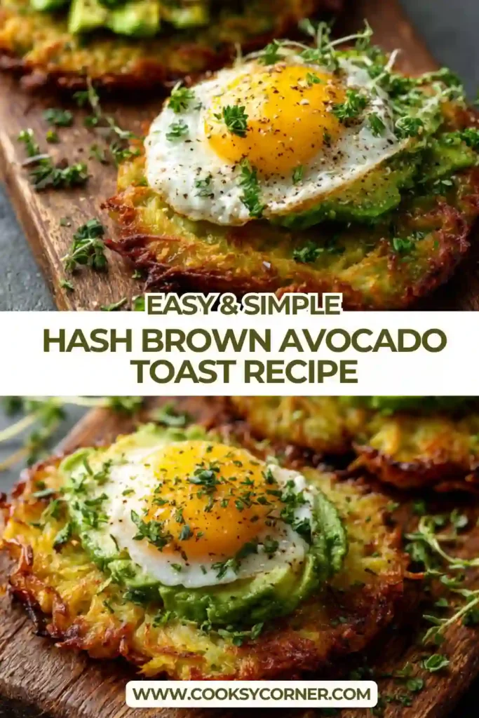 Golden crispy hash browns topped with seasoned avocado spread and parsley for a fresh brunch recipe. The texture is crunchy, creamy, and satisfying.