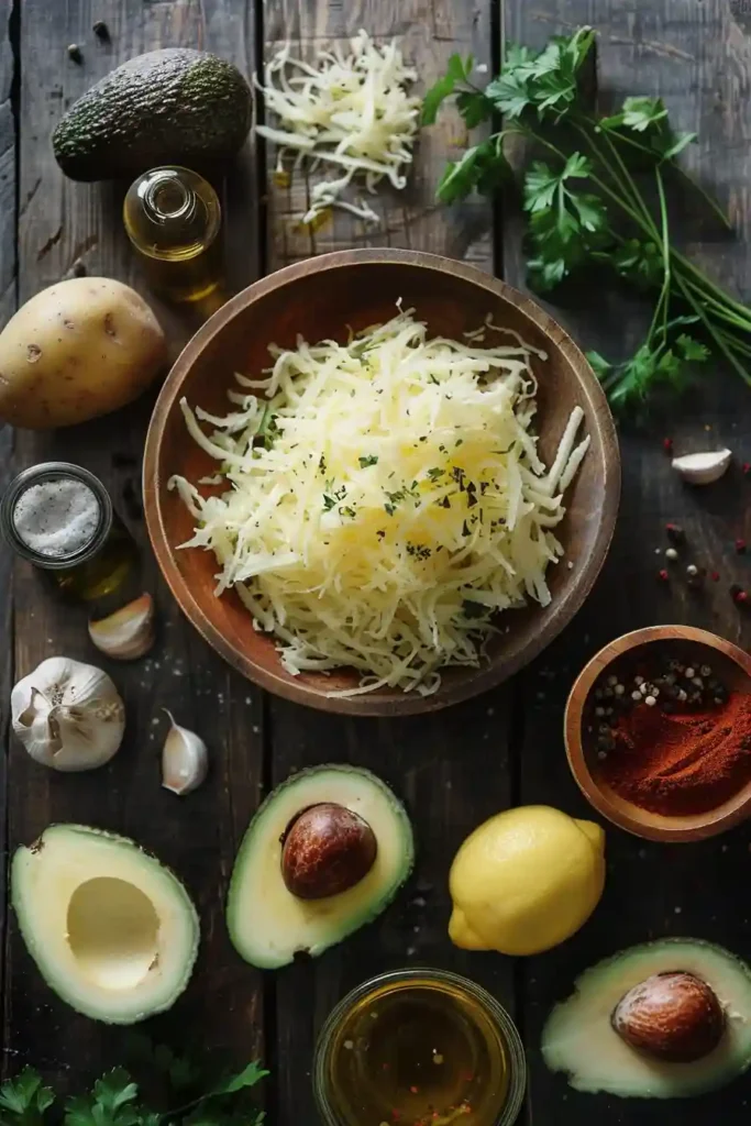 Close-up of crispy potato hash browns topped with avocado mixture and herbs. This homemade Hash Brown Avocado Toast is perfect for breakfast or brunch.