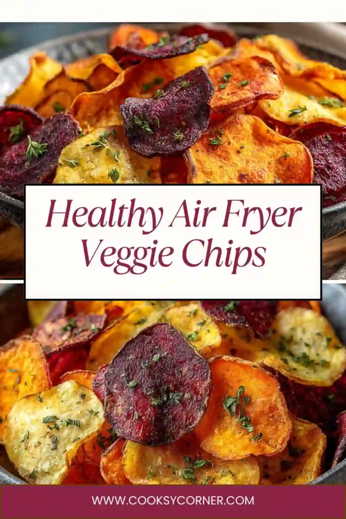 Homemade air fryer veggie chips displayed in a bowl with vibrant colors and a crispy texture.