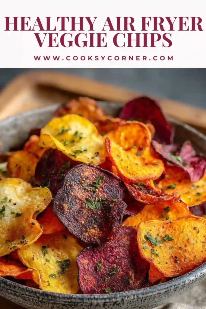 Thinly sliced colorful vegetable chips cooked in an air fryer until crunchy and perfectly crisp.