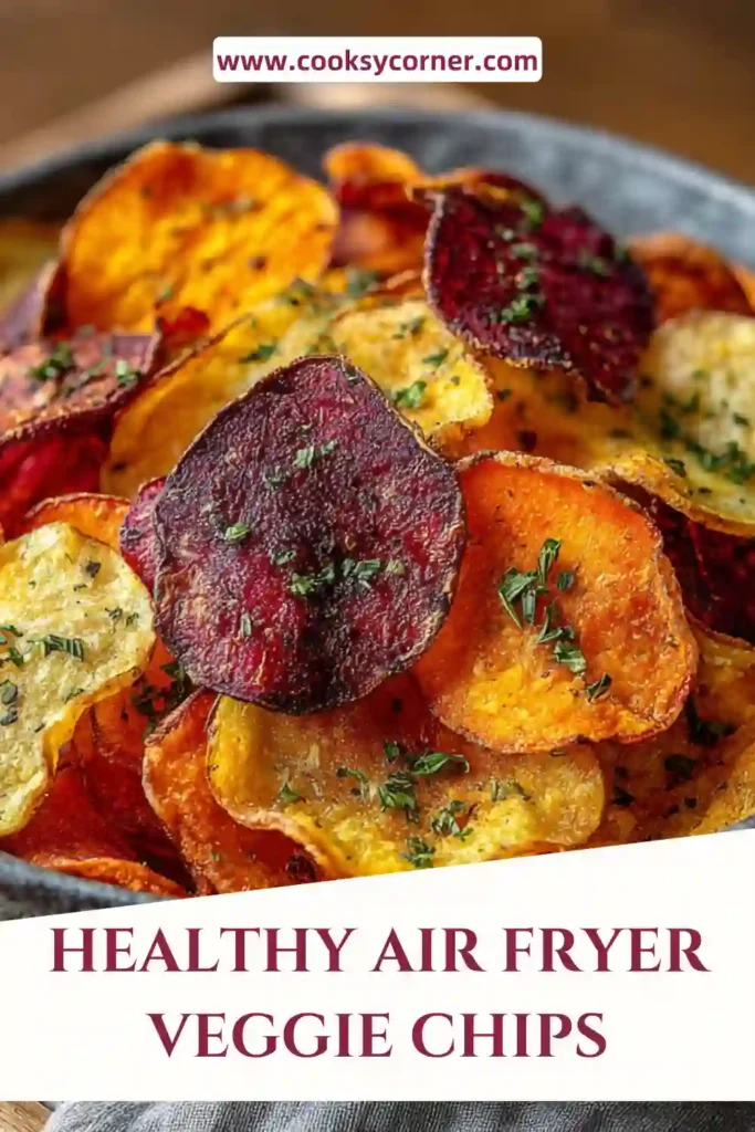 A bowl of crispy air fryer veggie chips made with beets, carrots, and sweet potatoes, lightly seasoned and golden.