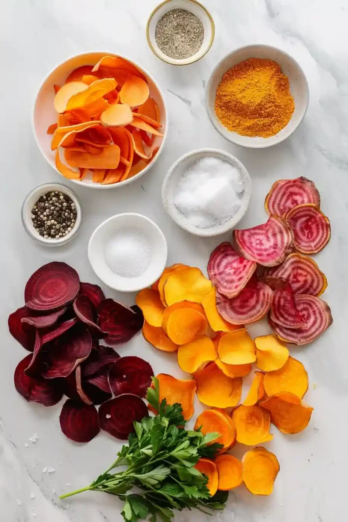 Close-up of healthy veggie chips prepared in an air fryer with minimal oil and seasoning.