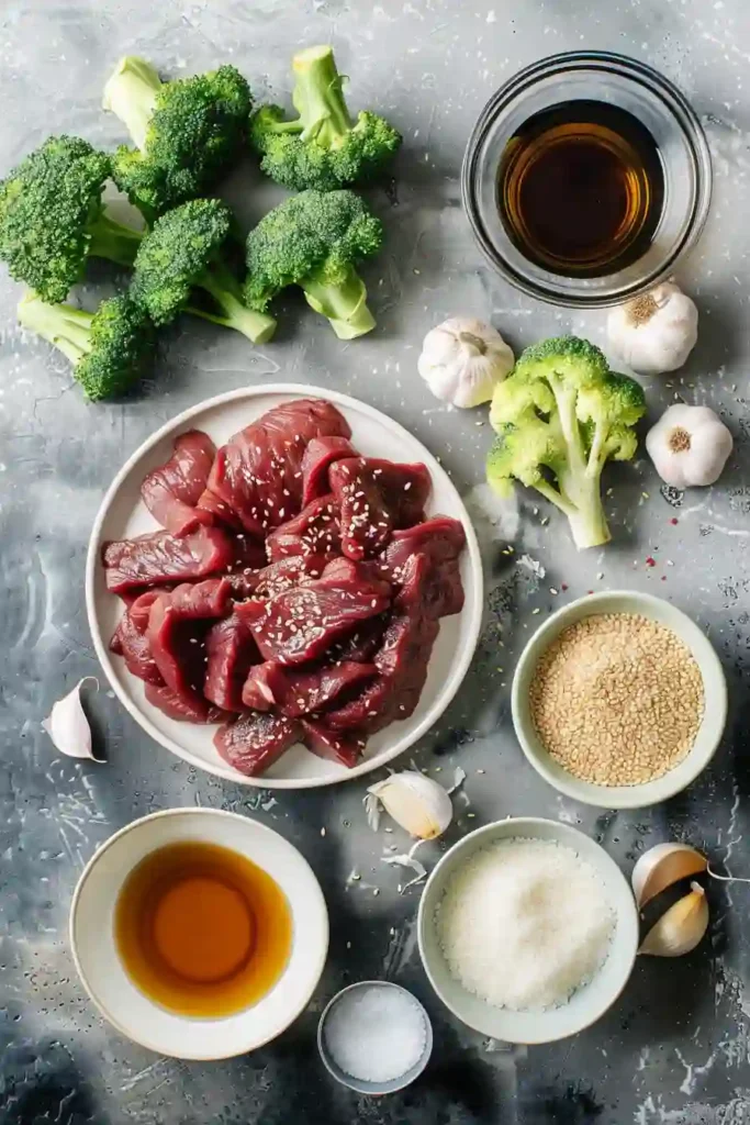 Stir-fried beef strips and broccoli florets in a healthy homemade sauce in a skillet.