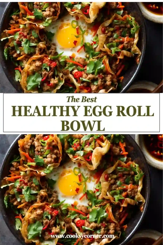 A healthy Egg Roll In A Bowl served with ground chicken, broccoli slaw, sesame seeds, and green onions in a white bowl. This easy low-carb dinner is colorful, fresh, and perfect for meal prep.