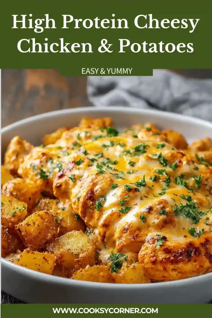 High Protein Cheesy Chicken & Potatoes made with seasoned chicken breast, crispy potatoes, and rich cheese sauce. An easy family-friendly healthy dinner recipe.