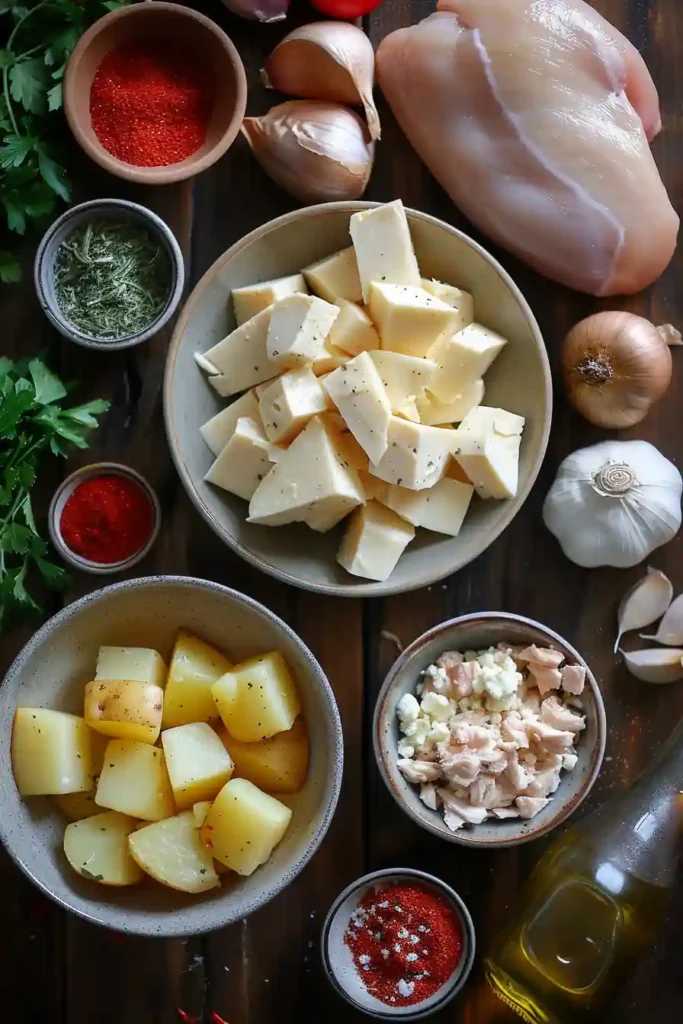 Close-up of cheesy chicken and crispy potatoes in a creamy garlic sauce with melted mozzarella cheese. A comforting high protein skillet dinner for busy weeknights.