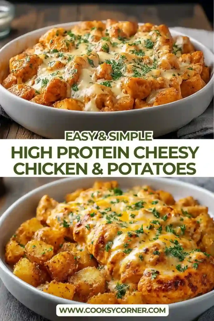 Creamy cheesy chicken and potatoes served in a pan with fresh parsley garnish. This healthy high protein dinner features tender chicken breast and crispy roasted potatoes.