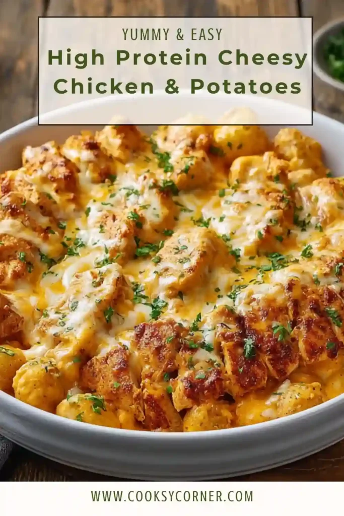 A skillet filled with High Protein Cheesy Chicken & Potatoes topped with melted mozzarella and fresh parsley. Crispy golden potatoes and juicy chicken are coated in a creamy garlic Parmesan sauce.