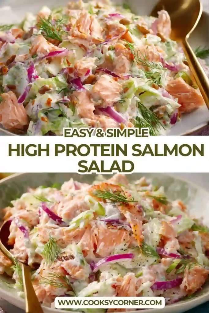 Creamy High-Protein Salmon Salad served with lemon wedges and fresh dill garnish. This easy salmon salad recipe features Greek yogurt, capers, and tender salmon.