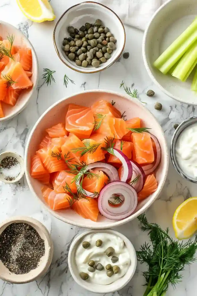 Fresh High-Protein Salmon Salad prepared with canned salmon, mayonnaise, dill, and lemon juice. A quick and healthy seafood salad recipe for busy weekdays.
