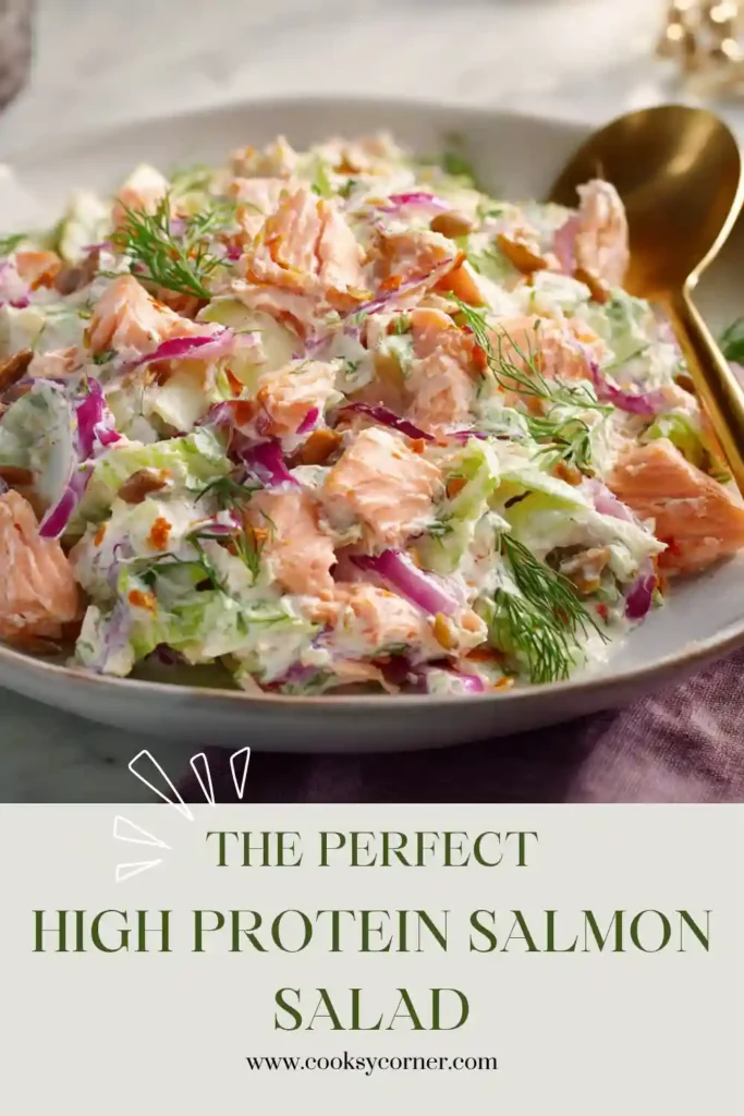 A bowl of High-Protein Salmon Salad made with canned salmon, Greek yogurt, celery, red onion, and fresh dill. This healthy salmon salad is creamy, fresh, and perfect for a quick protein-packed lunch.
