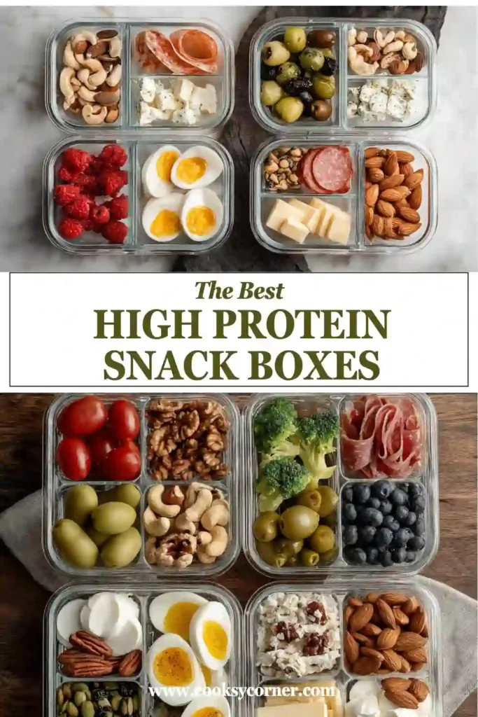 A collection of High Protein Snack Boxes filled with boiled eggs, nuts, cheese, fresh fruit, hummus, and turkey slices arranged in meal prep containers. These healthy protein snacks are colorful, balanced, and perfect for grab-and-go meals.