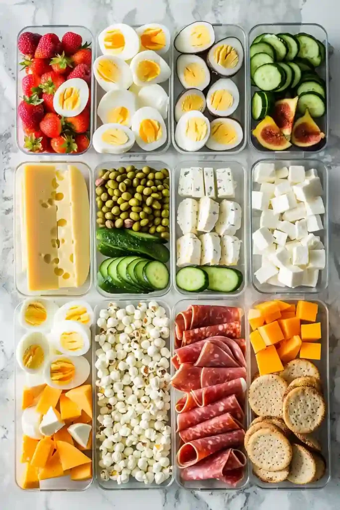Dairy-free High Protein Snack Boxes with hummus, gluten-free crackers, almonds, turkey slices, and fresh apple slices in portable meal prep containers.