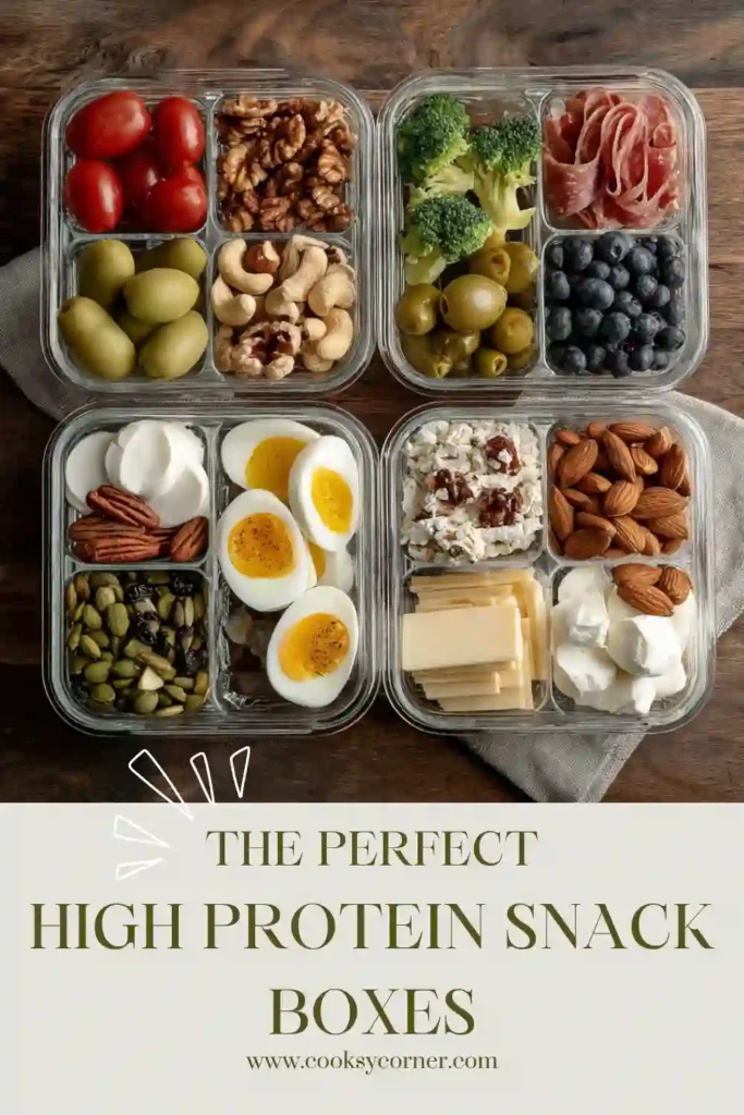 Easy High Protein Snack Boxes prepared with Greek yogurt, pistachios, feta cheese, cucumbers, and figs in divided containers. These meal prep snack boxes are ideal for healthy lunches and quick snacks.