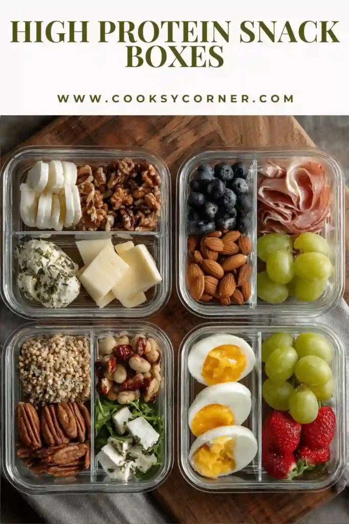 Healthy snack boxes packed with turkey slices, popcorn, oranges, nuts, and cheese for a balanced high protein meal prep option. These snack boxes are simple, fresh, and family-friendly.