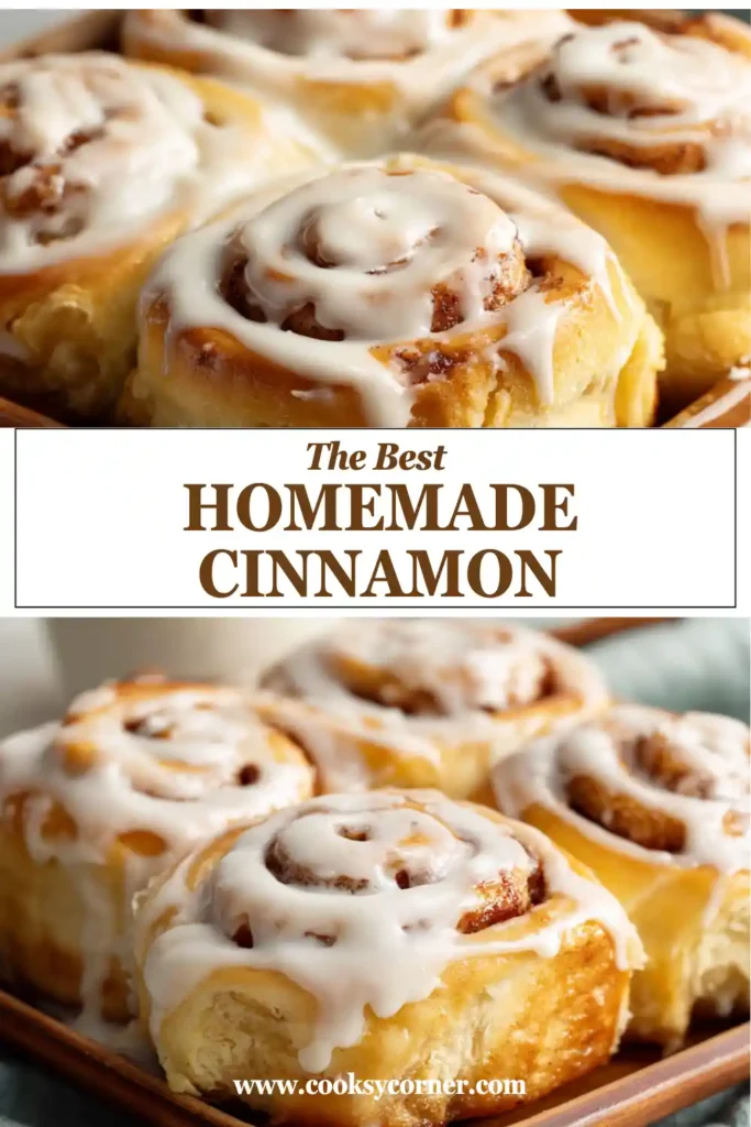 Close-up of fluffy Homemade Cinnamon Rolls topped with sweet cream cheese frosting. Warm cinnamon sugar layers create a soft bakery-style texture.