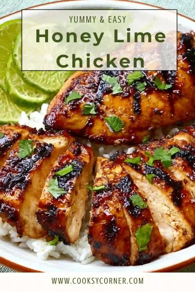 Honey Lime Chicken served with fresh lime wedges and scallions on a white serving platter. This easy chicken recipe is ideal for healthy weeknight meals and grilling season.