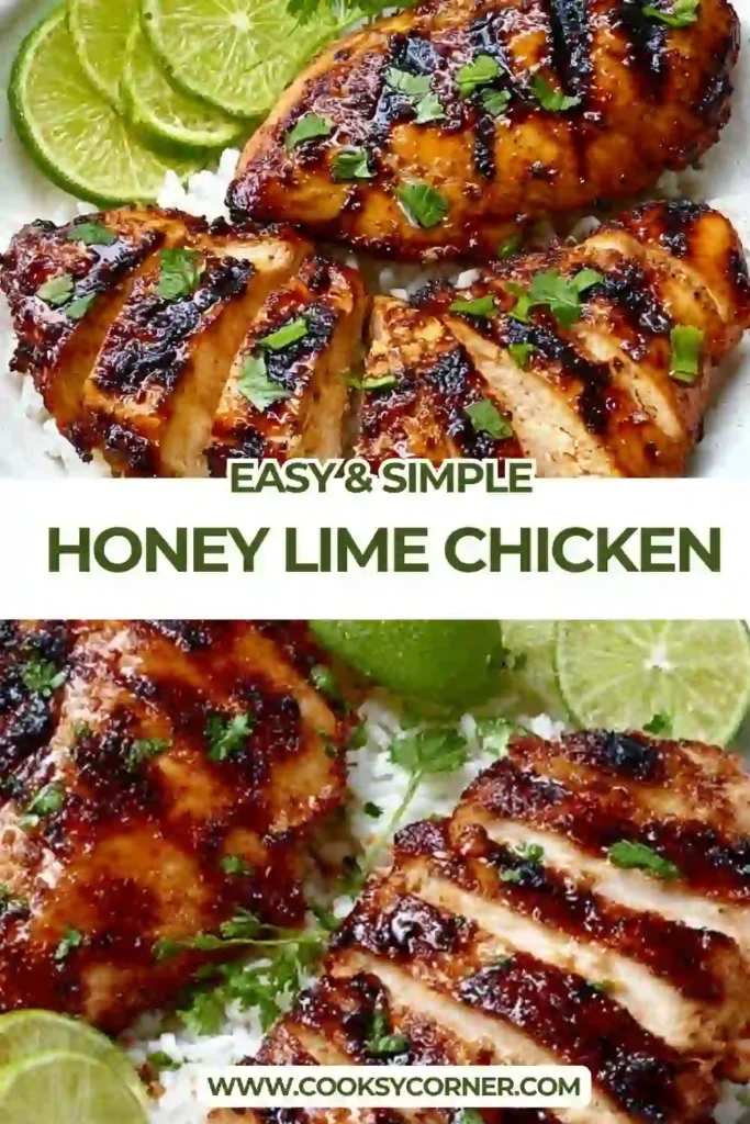 Close-up of grilled Honey Lime Chicken garnished with fresh herbs and toasted sesame seeds. The sweet and tangy honey lime marinade creates beautifully juicy chicken breasts.