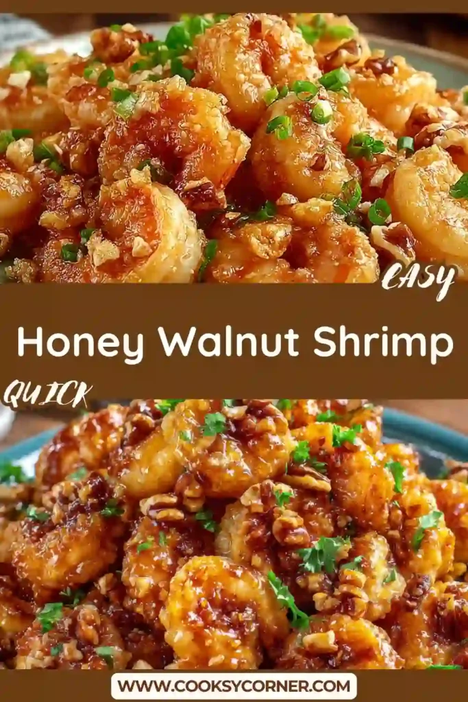 Close-up of homemade Honey Walnut Shrimp served with crunchy walnuts and glossy honey sauce. The crispy fried shrimp has a golden texture perfect for seafood lovers.